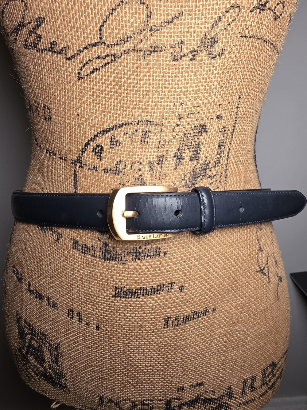 Ralph Lauren Navy Leather Belt with Gold Buckle